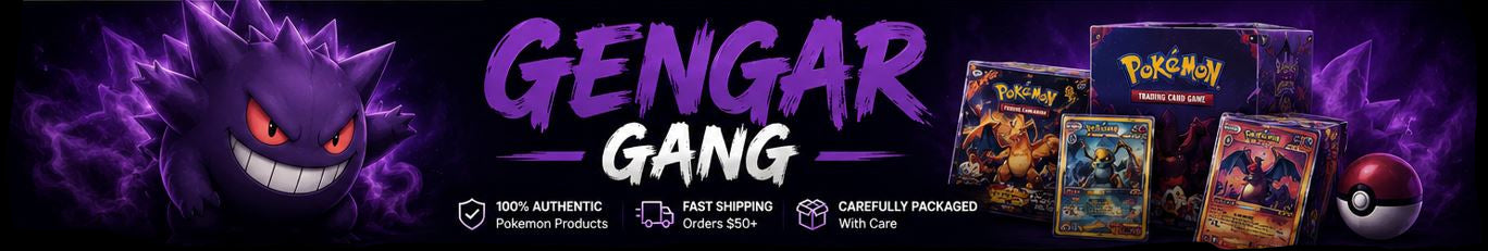 Promotional banner for 'Gengar Gang' featuring a character and Pokémon trading cards.